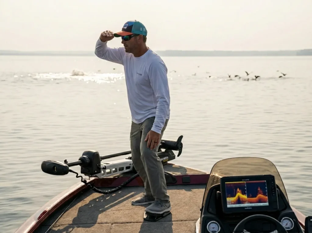 Angler positioning bass boat with trolling motor toward distant schooling white bass boil    