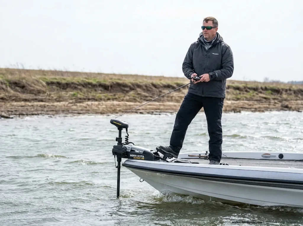 Angler using Minn Kota trolling motor to position bass boat into wind for precise presentation 