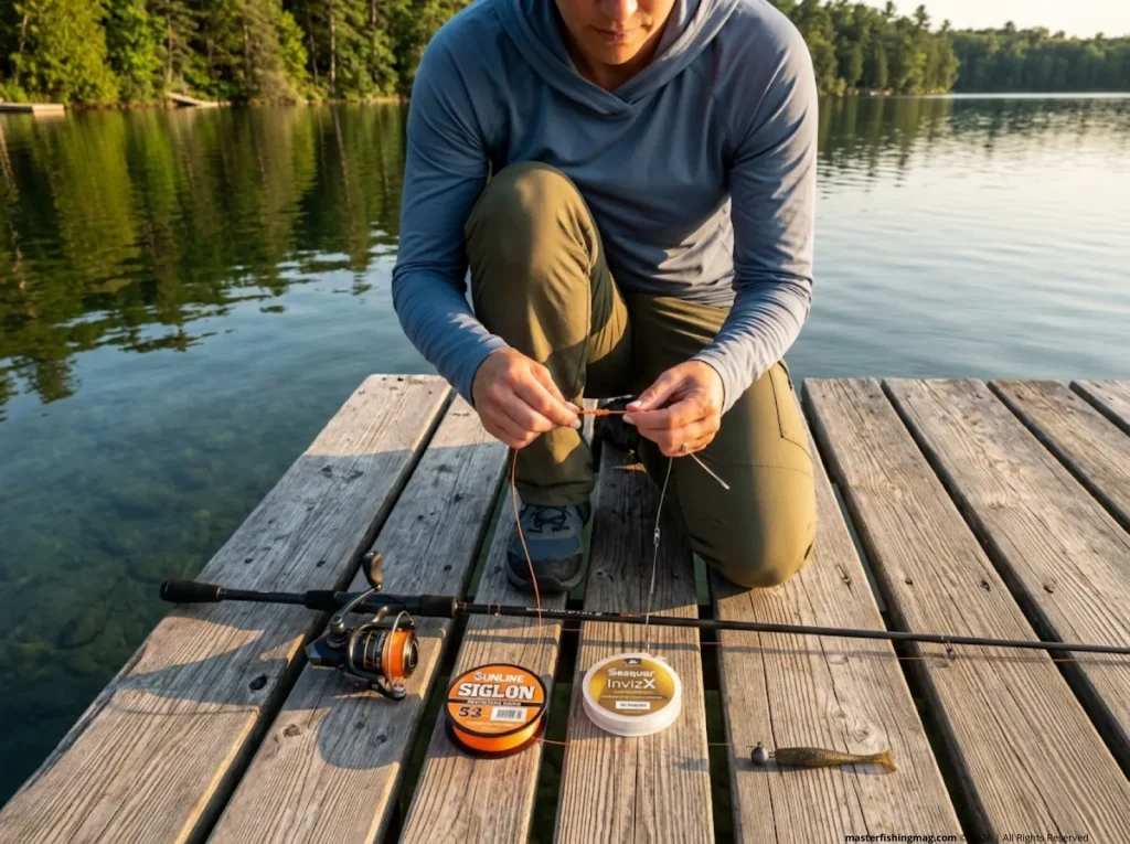 Angler tying FG knot connecting orange braid to fluorocarbon leader for line watching rig