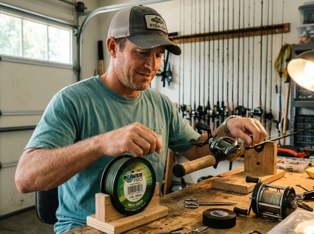 Spooling green braided fishing line onto a baitcasting reel that lasts multiple seasons