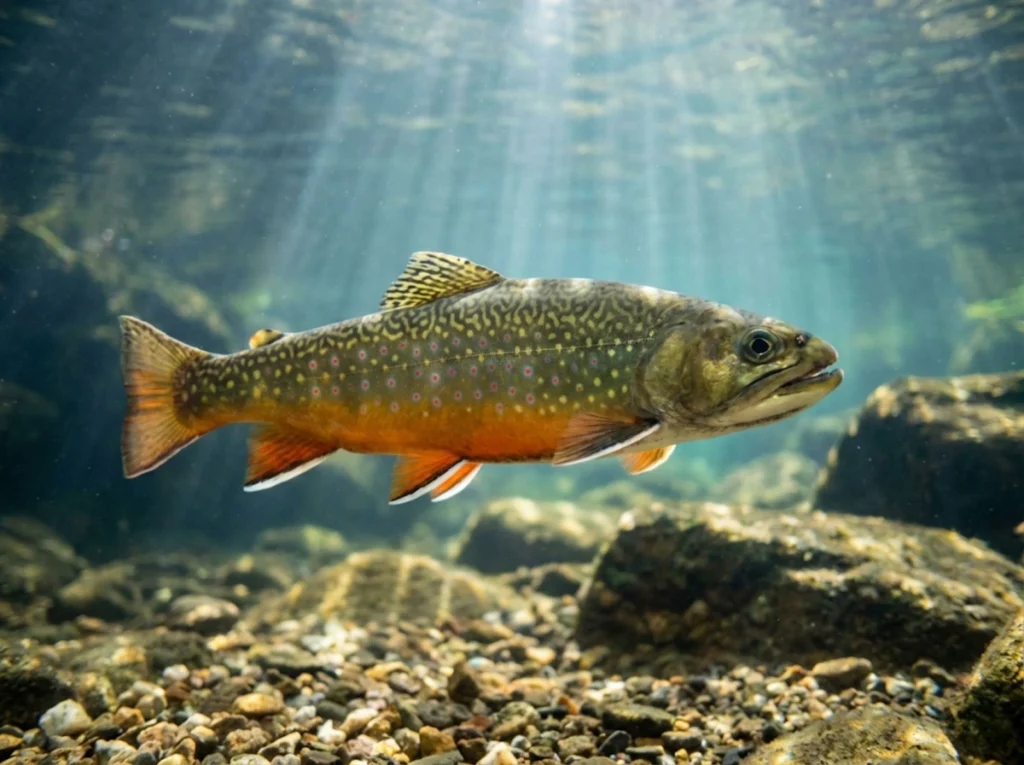 Brook trout char swimming in cold spring-fed Appalachian stream showing distinctive markings