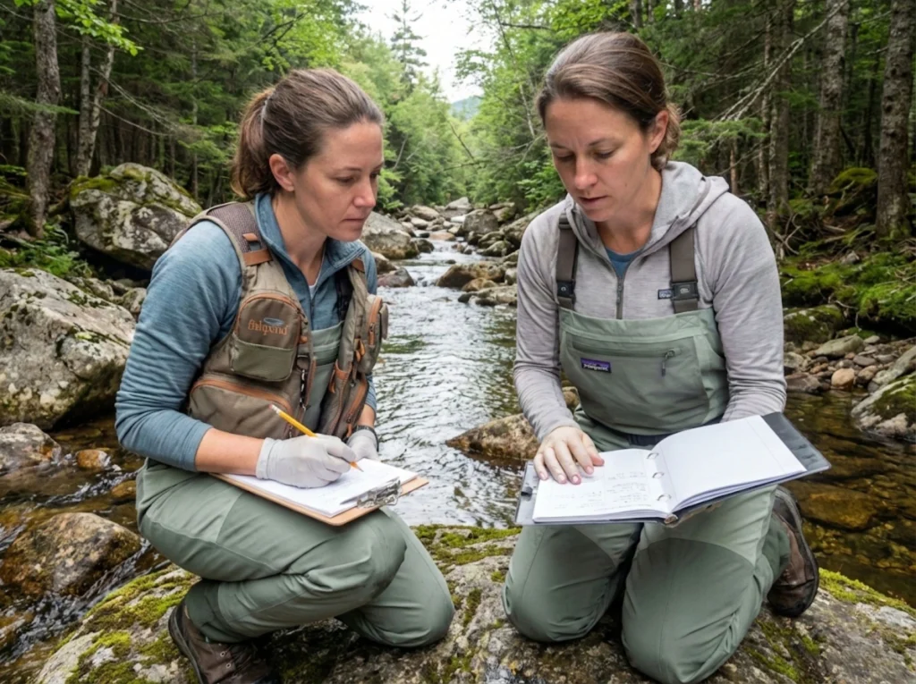 Fisheries biologist surveys brook trout headwater stream habitat in Adirondack mountains