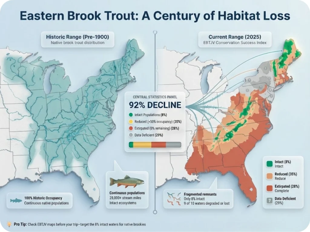 Split-frame comparison map showing Eastern US brook trout historic range pre-1900 versus current occupied range 2025, color-coded by subwatershed status.