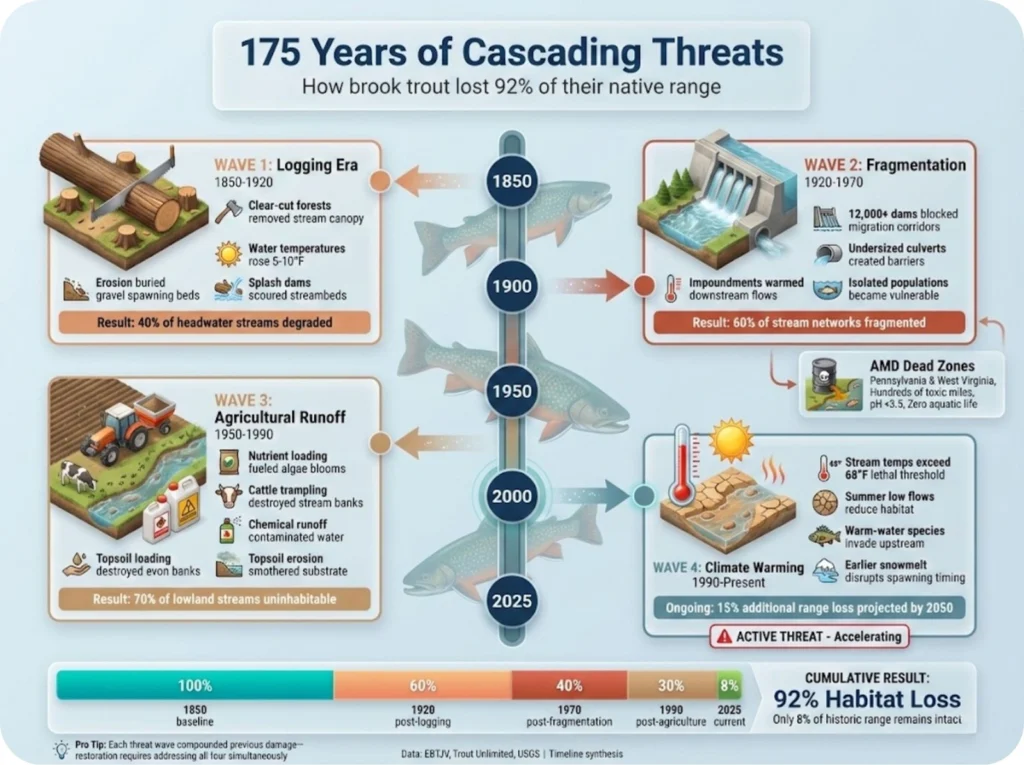 Vertical timeline showing four waves of threats to brook trout habitat from 1850 to 2025: logging era, dam construction, agricultural intensification, and climate warming with specific impact mechanisms.