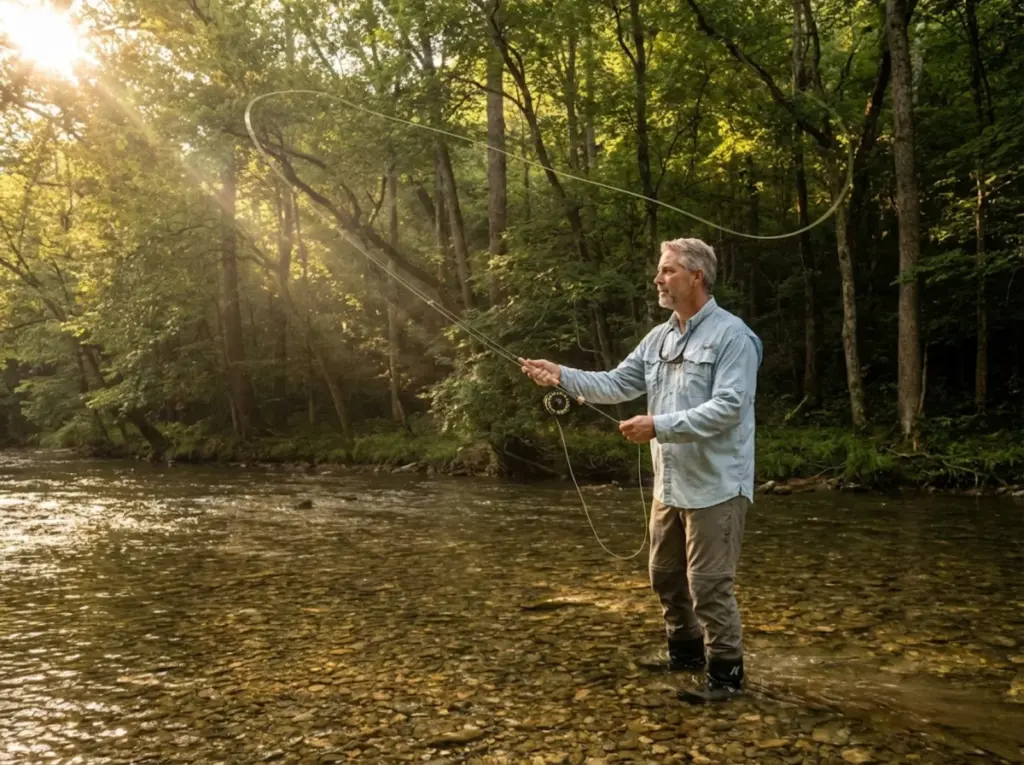 Fly fisherman casting in the pristine Buffalo River Tennessee under hardwood canopy