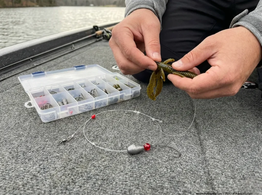 Hands assembling a Carolina rig with tungsten weight and creature bait on a boat deck
