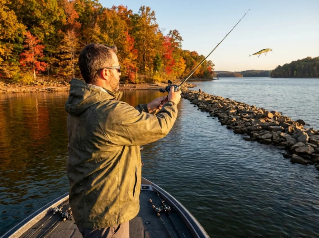 Angler casting toward a main-lake structure point surrounded by fall foliage on a reservoir