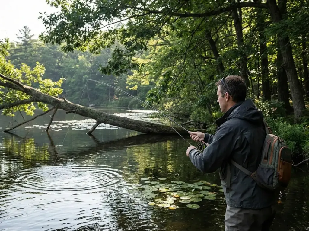 Experienced angler casting to fallen tree structure in shaded lake cove