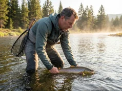 What Nobody Tells You About Catch and Release Only Waters Angler releasing brown trout in catch-and-release only mountain river with both hands submerged