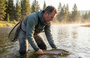 What Nobody Tells You About Catch and Release Only Waters Angler releasing brown trout in catch-and-release only mountain river with both hands submerged