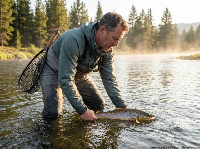 catch-release-only-waters-angler-releasing-trout Angler releasing brown trout in catch-and-release only mountain river with both hands submerged