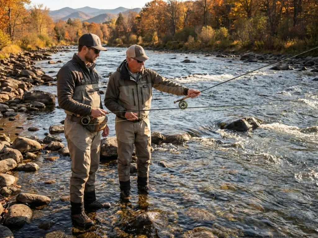 Experienced angler teaching fly fishing technique on a catch-and-release only trophy trout river