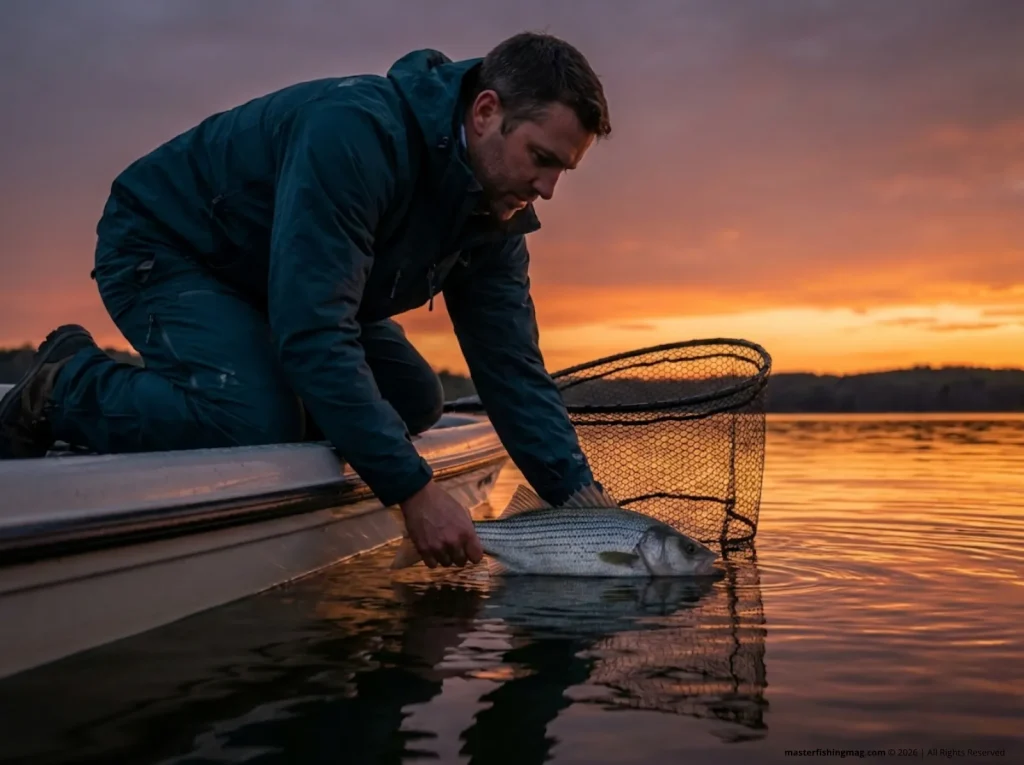 Angler reviving a hybrid striped bass wiper in reservoir water at dusk before release