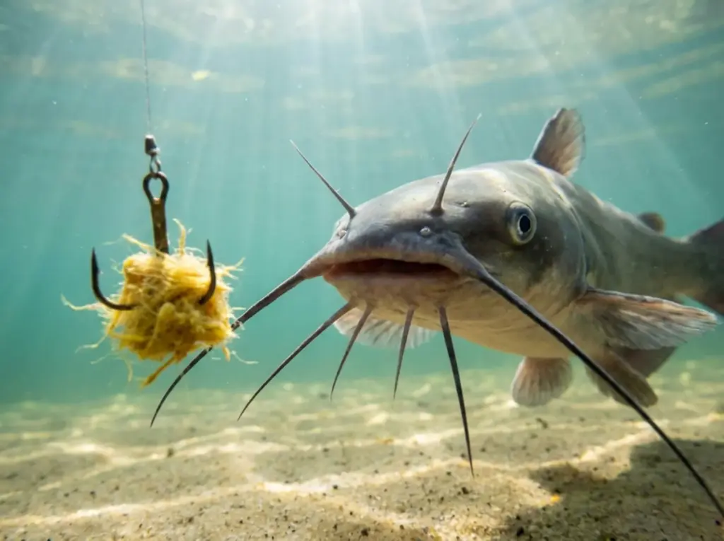 Channel catfish barbels detecting punch bait underwater in pond