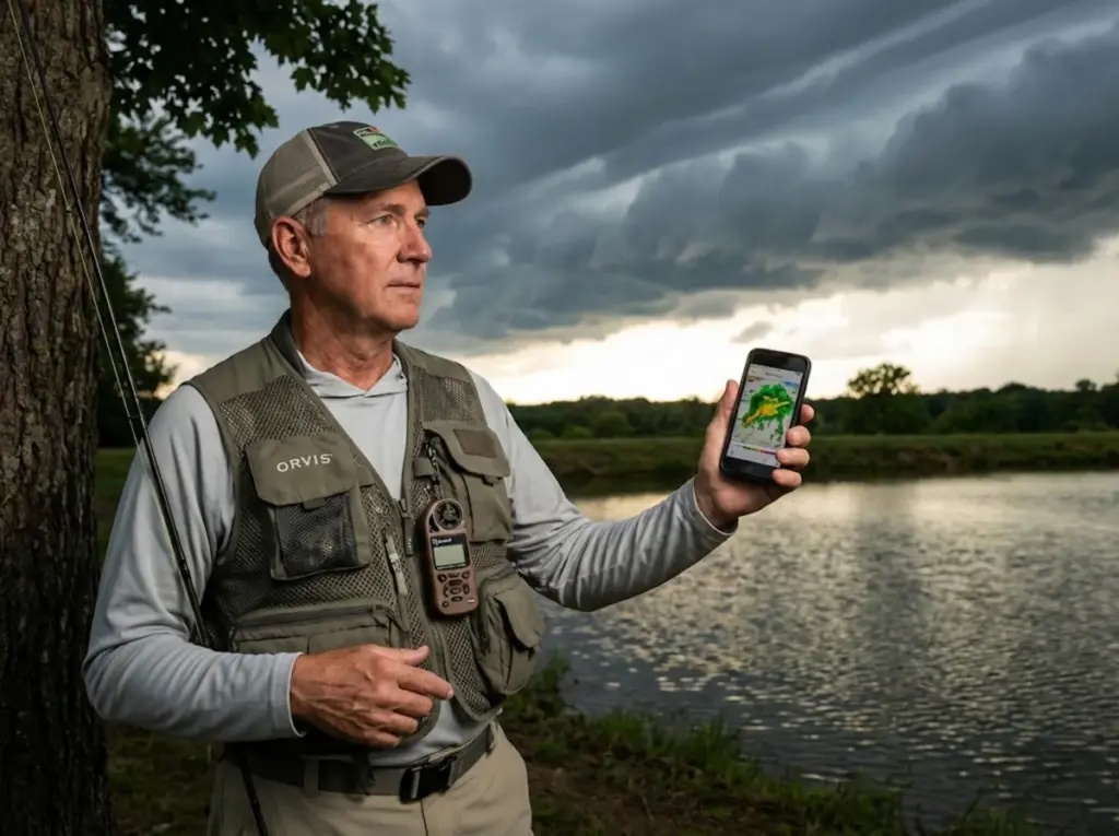 Angler checking weather app as storm approaches catfish pond