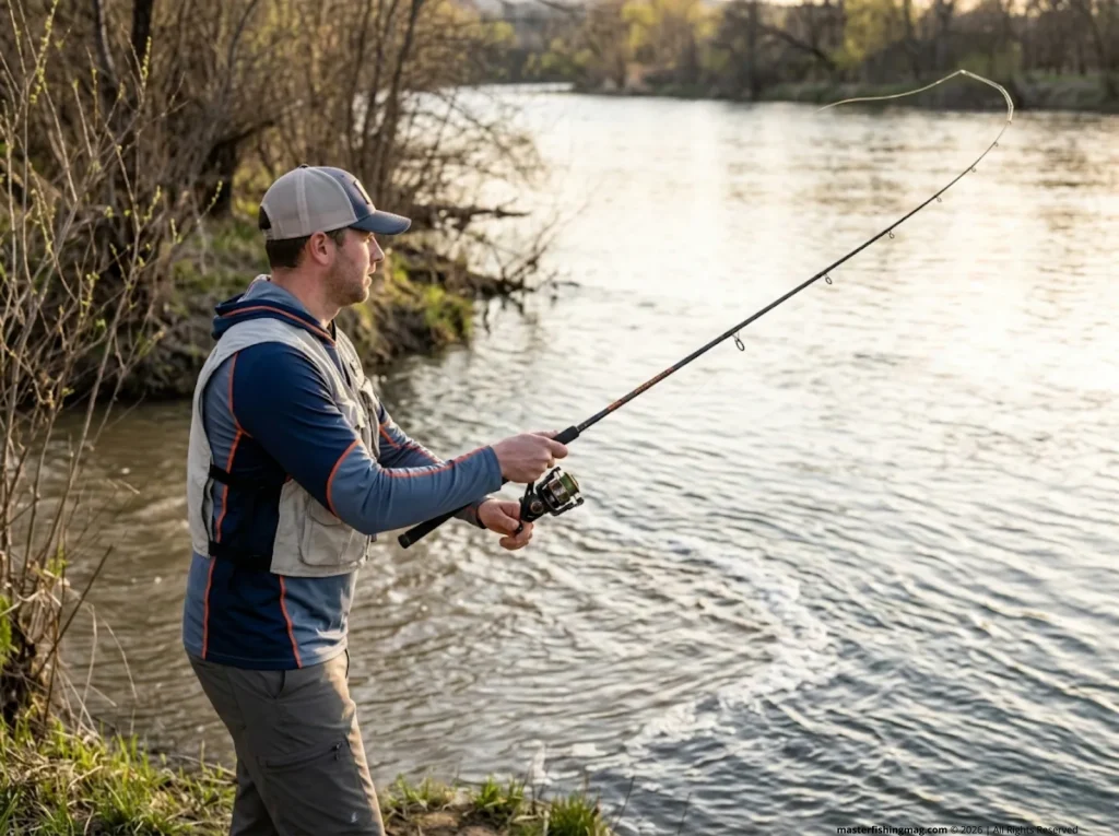 Angler casting at a tributary confluence where spring catfish stage during pre-spawn migration