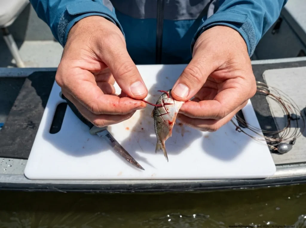 Scored fresh cut shad on a red circle hook prepared for spring catfish spawning tactics 