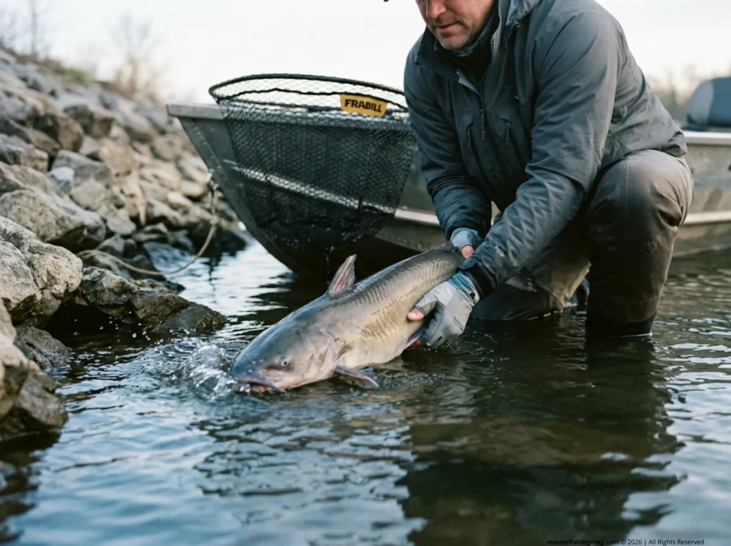 Angler releasing a spring catfish near riprap nesting habitat to protect spawning recruitment