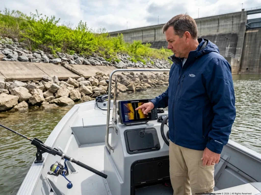  Angler scanning riprap bank cavities with sonar while scouting catfish spawning habitat  