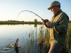 Channel Catfish Tactics That Actually Work in Ponds Angler landing channel catfish from farm pond bank at golden hour
