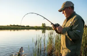 Channel Catfish Tactics That Actually Work in Ponds Angler landing channel catfish from farm pond bank at golden hour