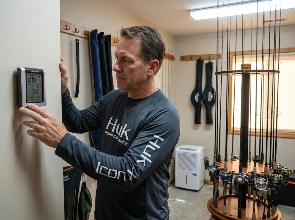 Angler checking humidity levels near vertical fishing rod storage rack