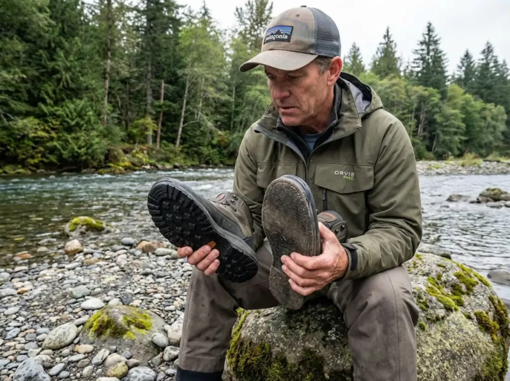 Angler comparing lug sole and felt sole wading boots examining tread pattern on riverside