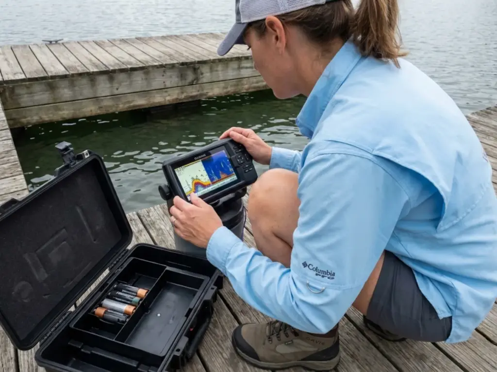 Angler examining Garmin portable fish finder screen on wooden fishing dock