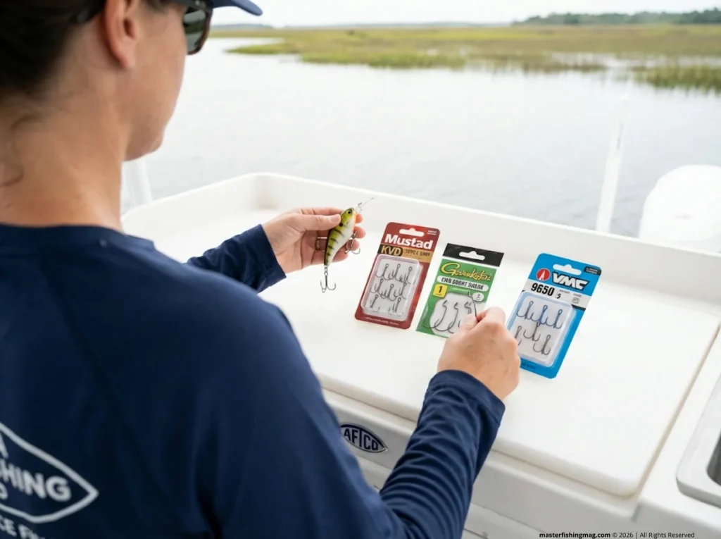 Angler selecting between Mustad KVD, Gamakatsu EWG and VMC treble hook packages for crankbait