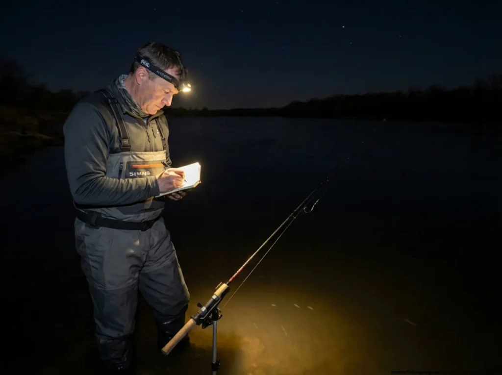 Angler documenting circle hook field test results at night on a wide river with rod in holder 