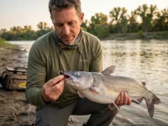 Circle Hooks for Catfish Most Anglers Pick Wrong Angler holding catfish with Gamakatsu circle hook set in jaw corner on river bank at golden hour