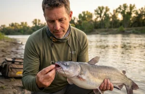 Circle Hooks for Catfish Most Anglers Pick Wrong Angler holding catfish with Gamakatsu circle hook set in jaw corner on river bank at golden hour