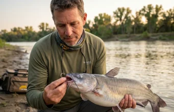 Circle Hooks for Catfish Most Anglers Pick Wrong Angler holding catfish with Gamakatsu circle hook set in jaw corner on river bank at golden hour