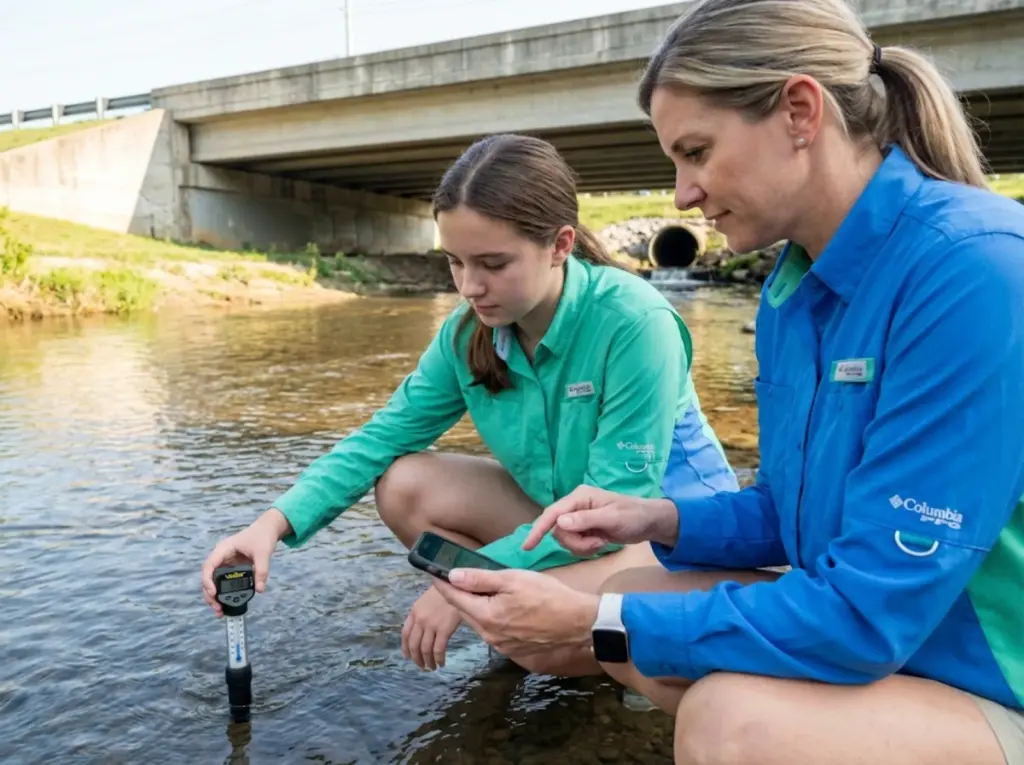 Mother and daughter recording stream temperature data as citizen scientists monitoring thermal pollution