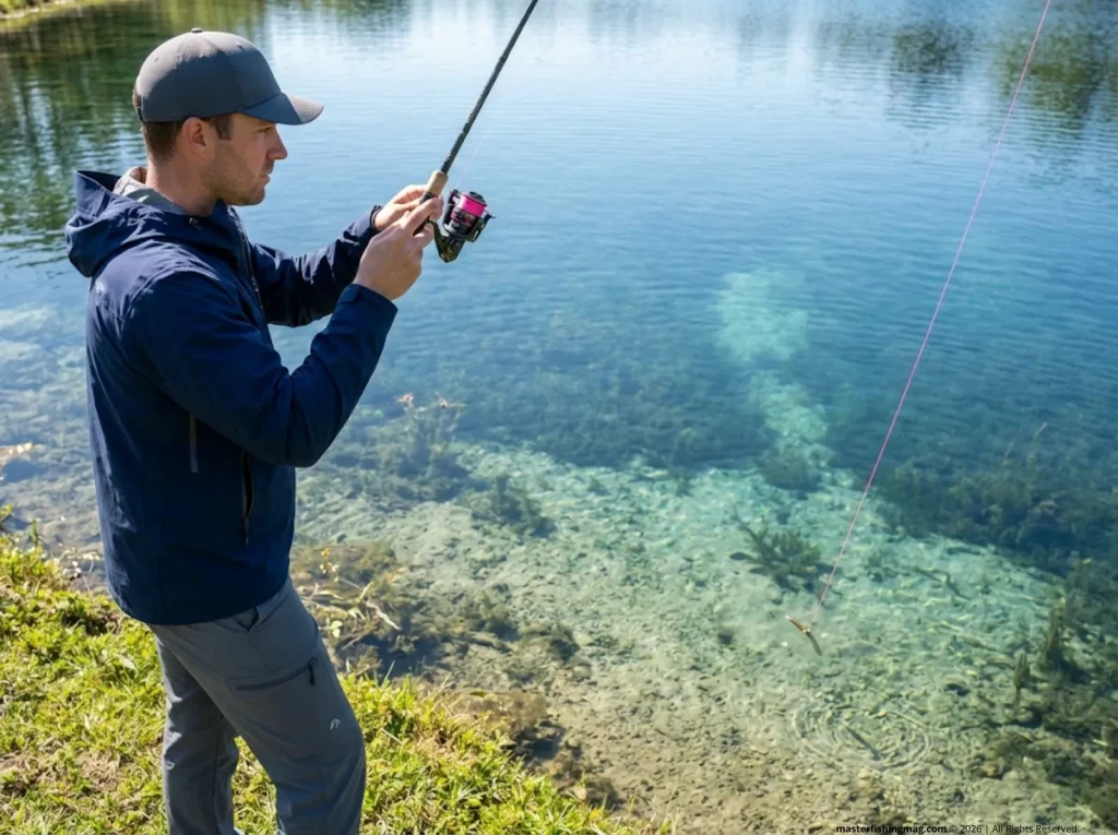Angler practicing line watching drill in crystal-clear pond with visible bottom