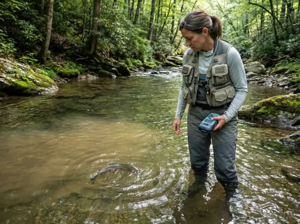 Scientist monitoring water quality while observing cognitively impaired trout in thermal gradient zone