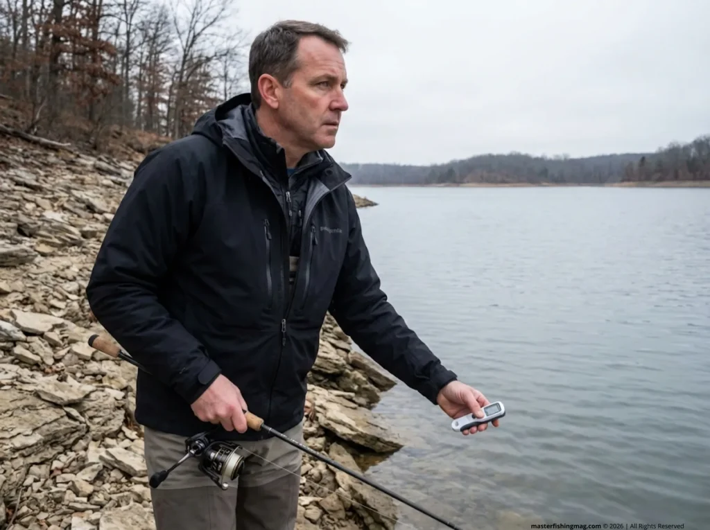 Angler checking water temperature on rocky winter bank — cold water bass fishing temperature biology
