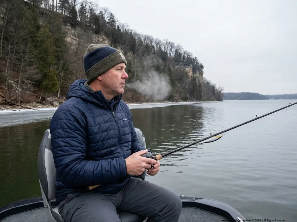 Bass angler in winter gear holding jerkbait rod during long cold-water pause on a grey highland lake bluff
