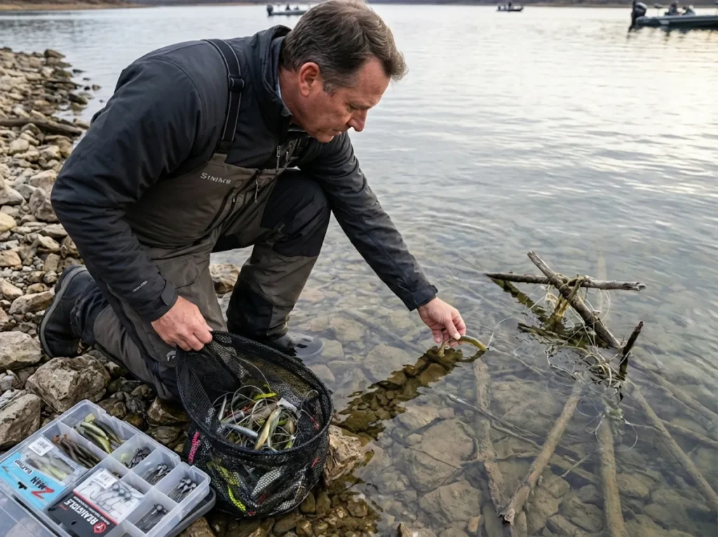 Angler retrieving lost soft plastic lures from a lake shoreline reducing fishing pollution