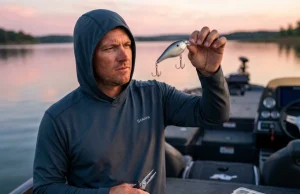Your Crankbait Hooks Are Too Small and It Shows Angler inspecting crankbait treble hooks on bass boat at dawn with split-ring pliers
