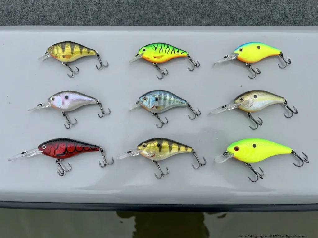 Overhead flat-lay of crankbaits organized by size class with upgraded short-shank treble hooks
