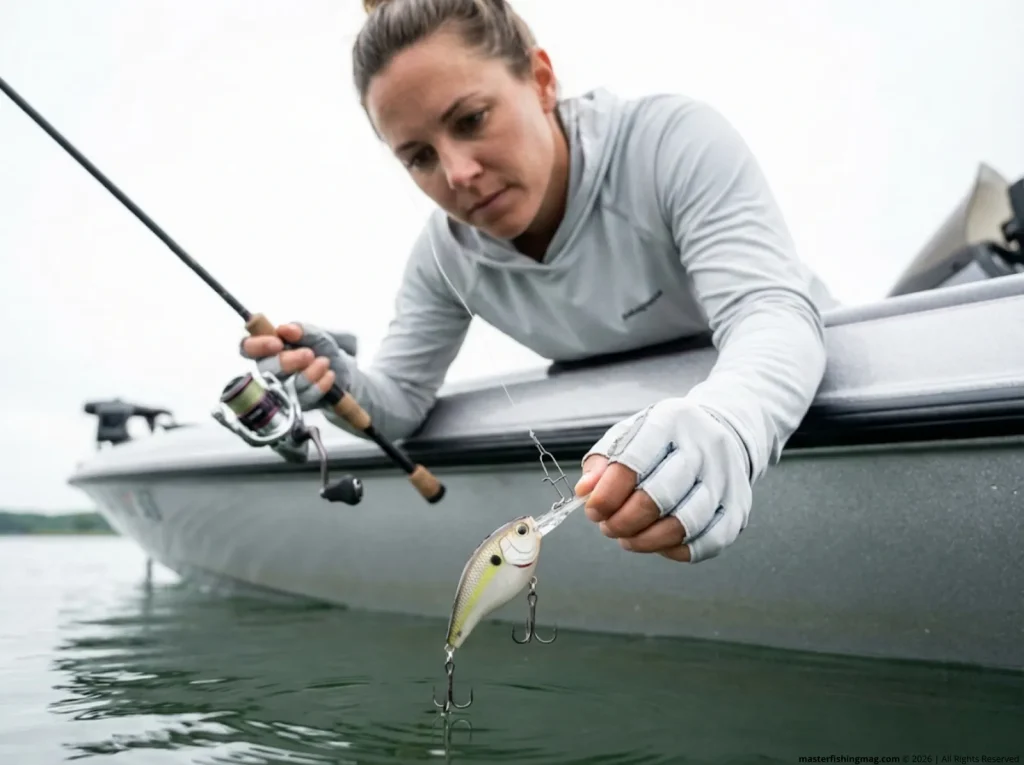 Female angler studying crankbait wobble action beside boat — lure connection point and pivot physics
