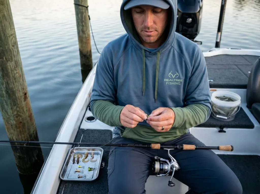 Angler selecting micro jigs and minnow rigs for crappie bait comparison on a bass boat