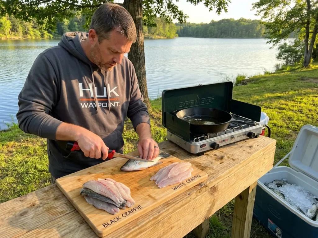Angler filleting crappie at a lakeside cleaning station comparing black and white crappie fillet thickness