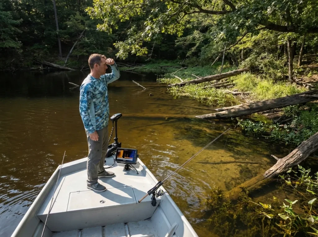 Angler using Garmin LiveScope to locate crappie habitat in a clear-water reservoir cove