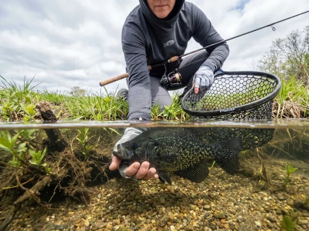 Angler releasing a spawning male black crappie into shallow gravel spawning habitat in spring