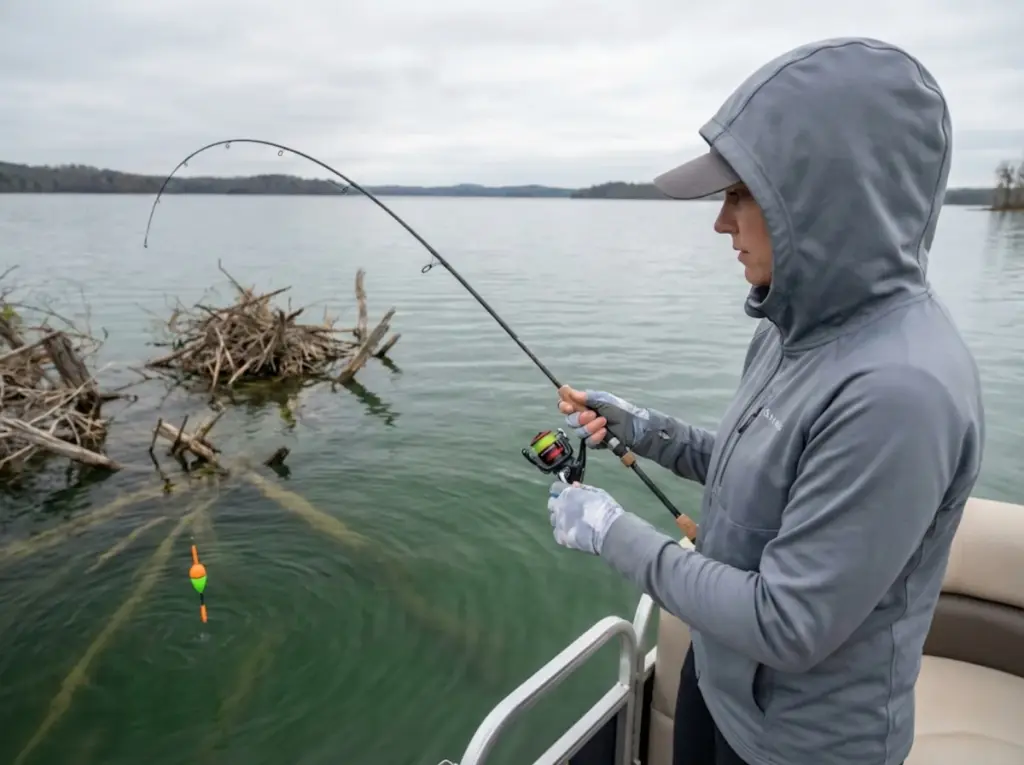 Angler watching rod tip bend as crappie strikes live minnow under a slip float on a reservoir
