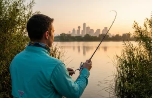 Dallas Bank Fishing Spots Most Locals Walk Past Angler casting from reed-lined bank at White Rock Lake Dallas at sunrise, city skyline in background