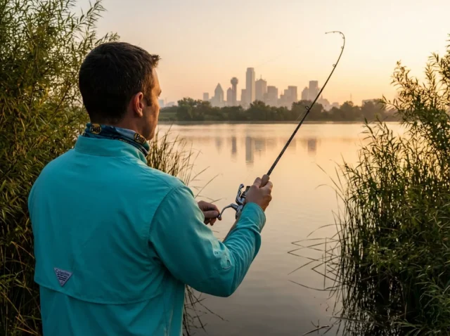 dallas-bank-fishing-spots-hero Angler casting from reed-lined bank at White Rock Lake Dallas at sunrise, city skyline in background