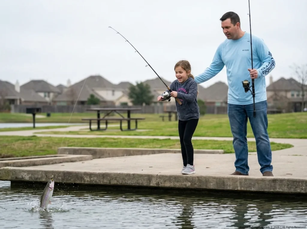 Father and child fishing from a stocked urban pond pier in Dallas with a rainbow trout on the line